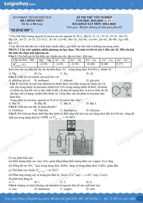 Đề thi thử THPT môn Hóa lần 1 năm 2025 Sở GD Thành phố Huế